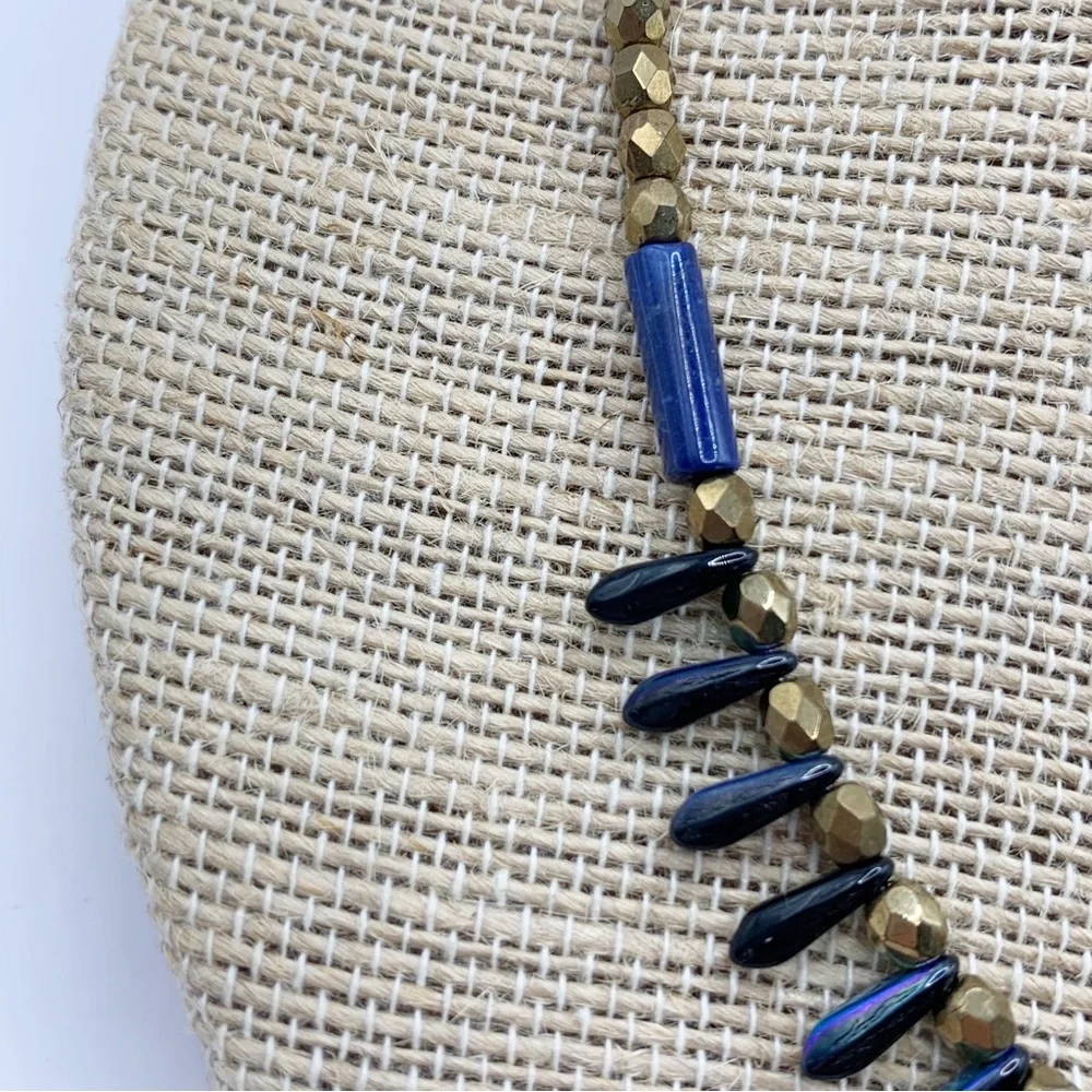 Blue, gold, wood and peacock iridescent faceted dainty Briolette bead necklace